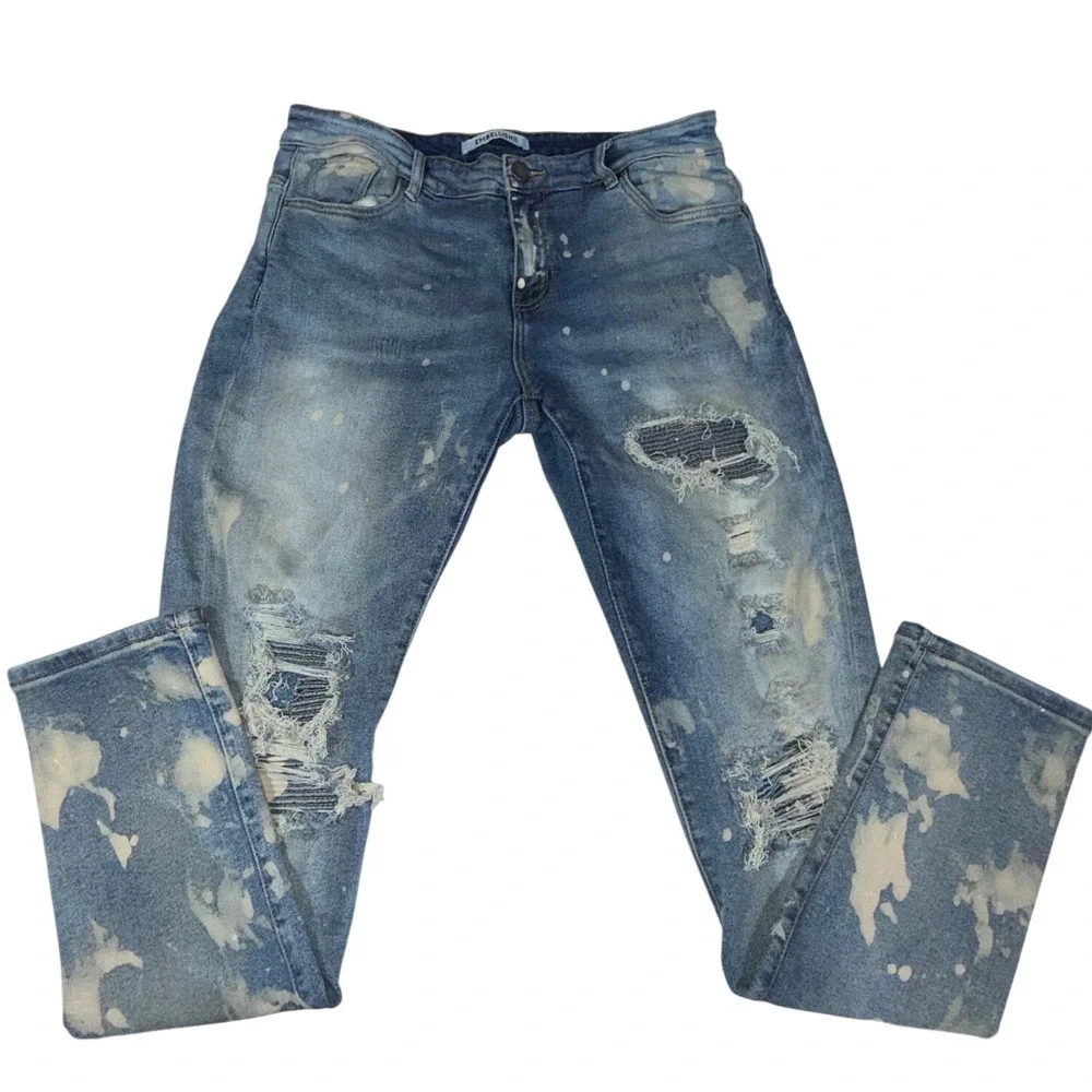 Embellish NYC Distressed Bleach Splatter Moto Skinny Jeans Blue Mens 34 x 30.5